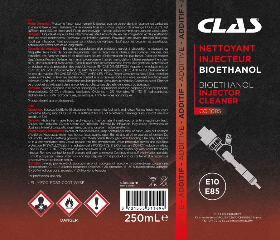 Nettoyant Moteur (Traitement moteur) CLAS Nettoyant injecteur bioethanol 250ml - ref. CO 1085